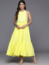Floral Print Embellished Halter Neck Pure Cotton Tiered A-Line Dress-AHEDCOKHGL-229